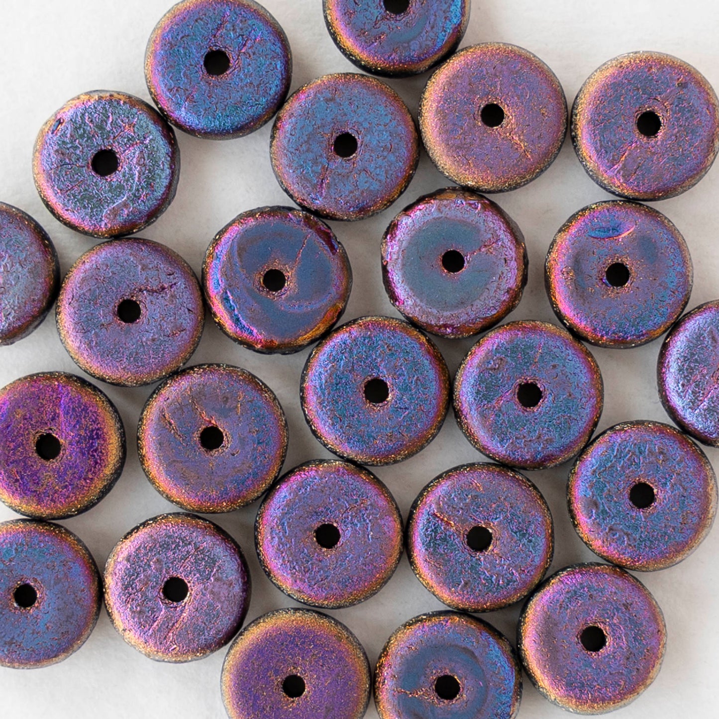 4x8mm Glass Heishi Beads - Etched Black Metallic Volcano - 10 or 20 beads