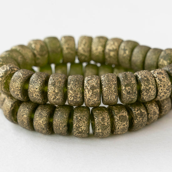 4x8mm Glass Heishi Beads - Etched Peridot Gold - 10 or 20 beads