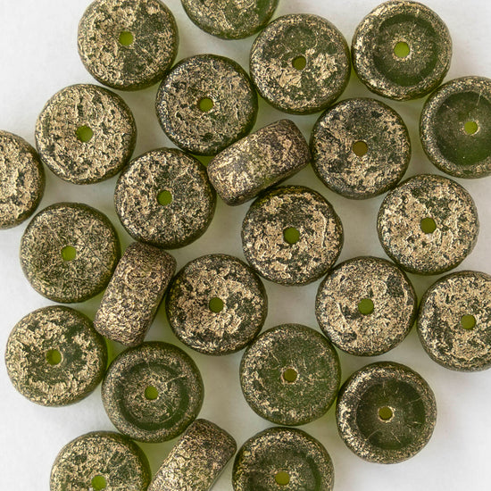 4x8mm Glass Heishi Beads - Etched Peridot Gold - 10 or 20 beads