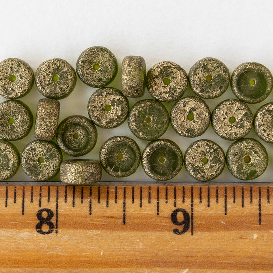 4x8mm Glass Heishi Beads - Etched Peridot Gold - 10 or 20 beads