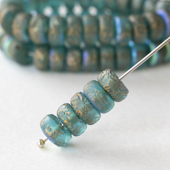 4x8mm Glass Heishi Beads - Etched Sky Blue AB Gold Finish - 10 or 20 beads