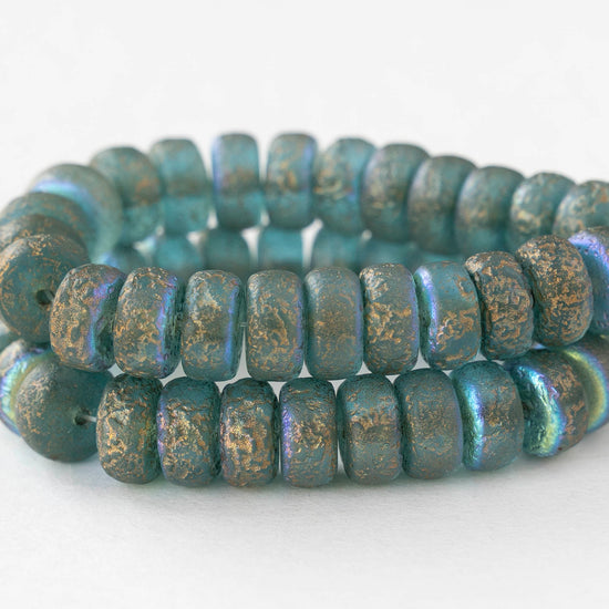 4x8mm Glass Heishi Beads - Etched Sky Blue AB Gold Finish - 10 or 20 beads