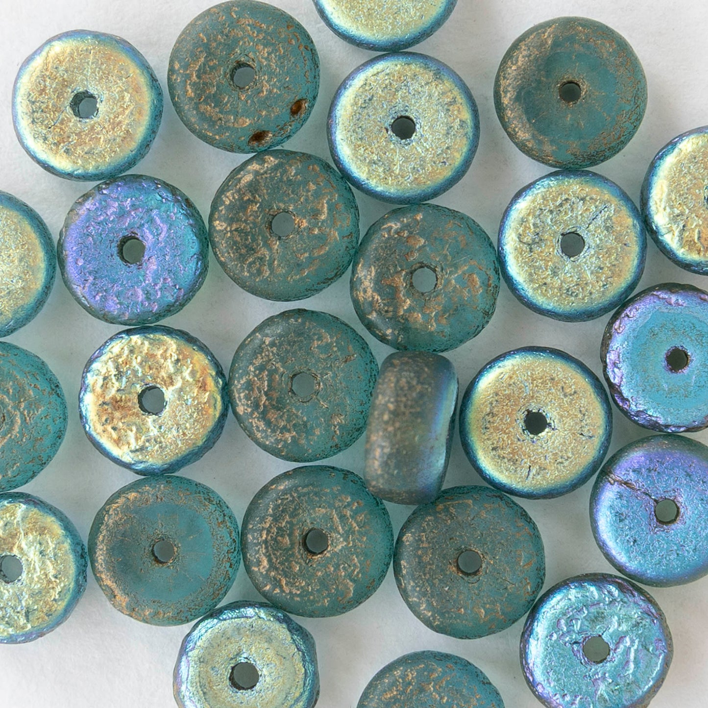 4x8mm Glass Heishi Beads - Etched Sky Blue AB Gold Finish - 10 or 20 beads