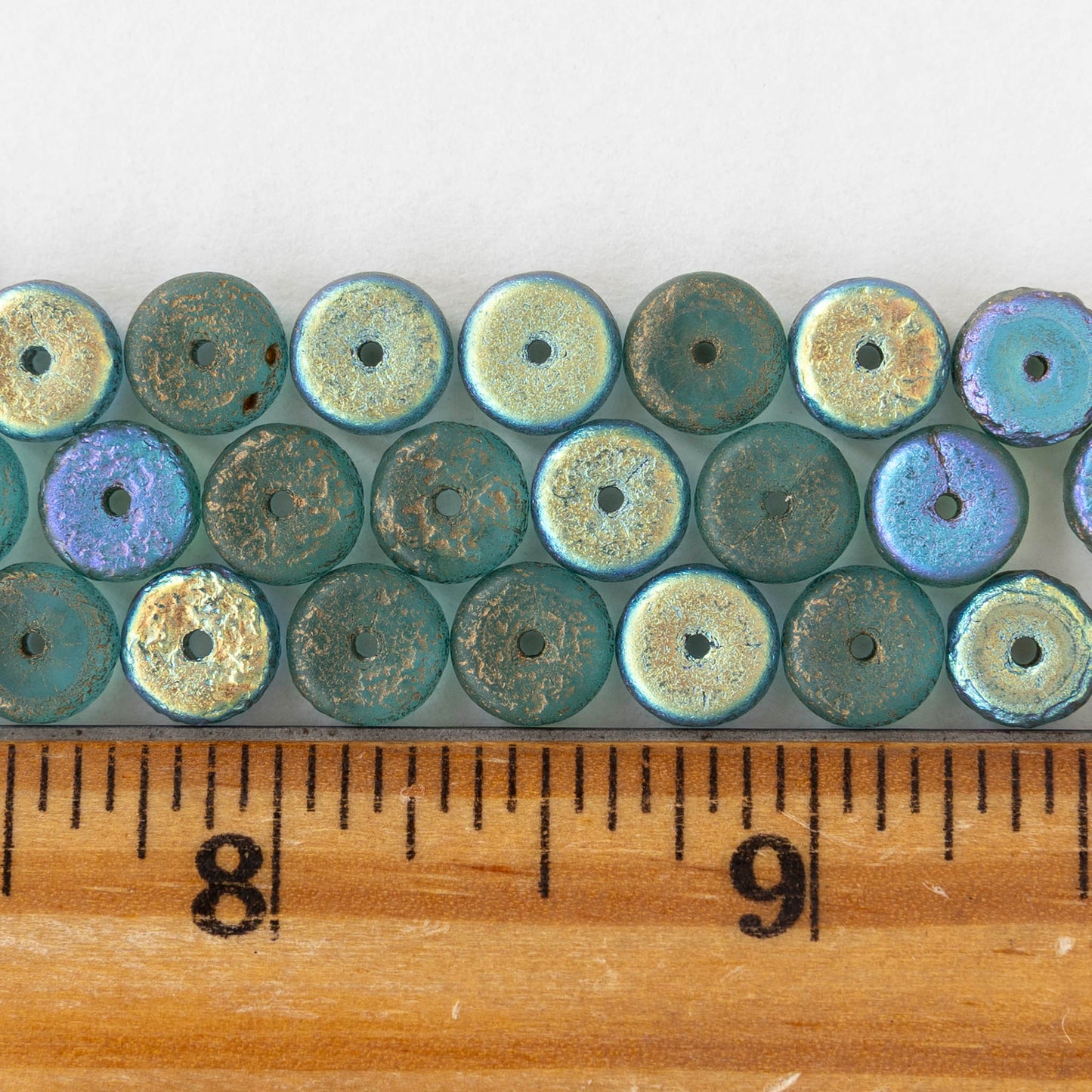 4x8mm Glass Heishi Beads - Etched Sky Blue AB Gold Finish - 10 or 20 beads