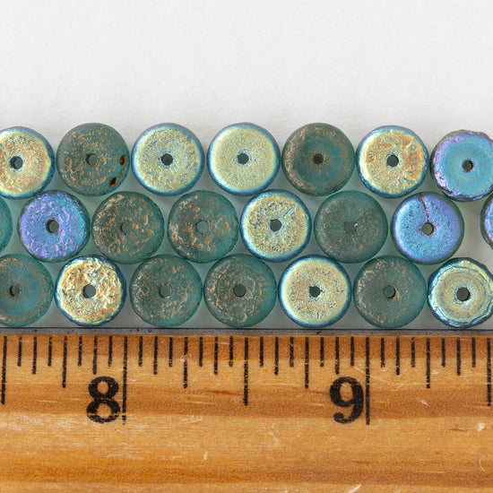 4x8mm Glass Heishi Beads - Etched Sky Blue AB Gold Finish - 10 or 20 beads