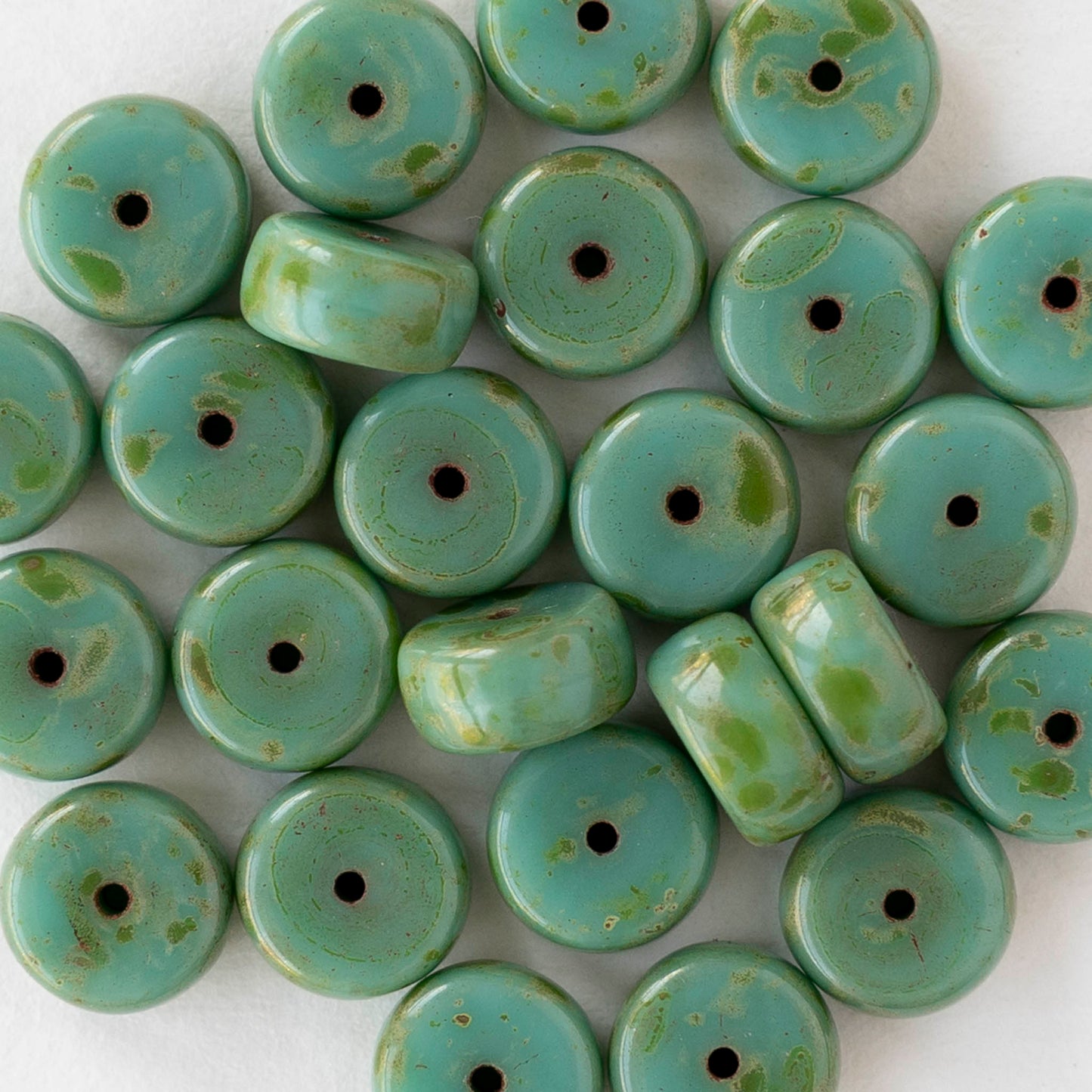 4x8mm Glass Heishi Beads - Opaque Green Turquoise Picasso - 10 or 20 beads