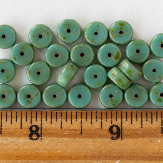 4x8mm Glass Heishi Beads - Opaque Green Turquoise Picasso - 10 or 20 beads