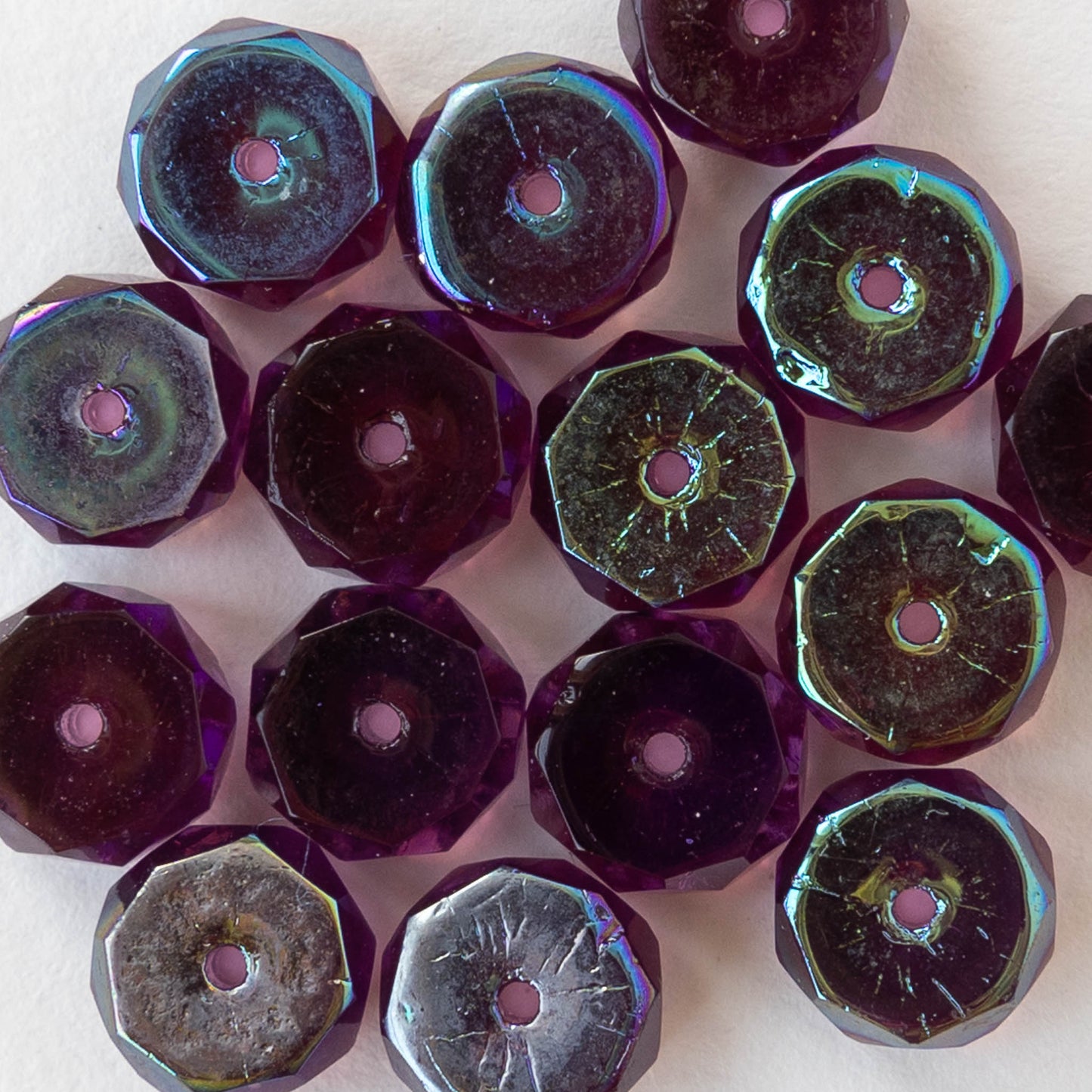 4x8mm Firepolished Glass Heishi Beads - Purple with an AB Finish - 10 Beads