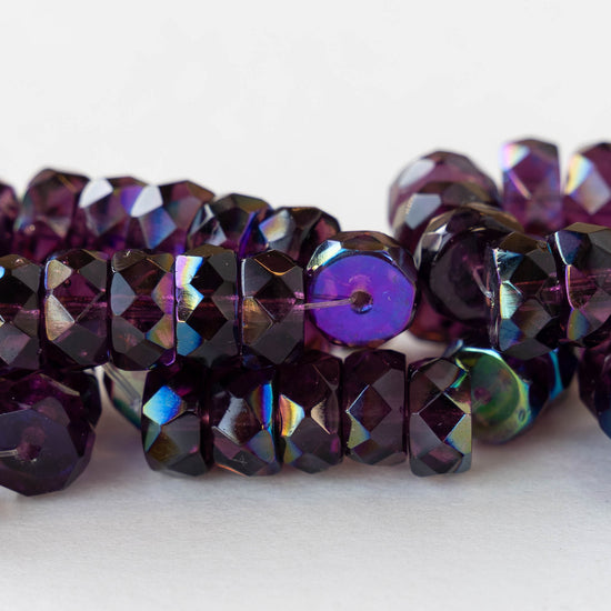 4x8mm Firepolished Glass Heishi Beads - Purple with an AB Finish - 10 Beads