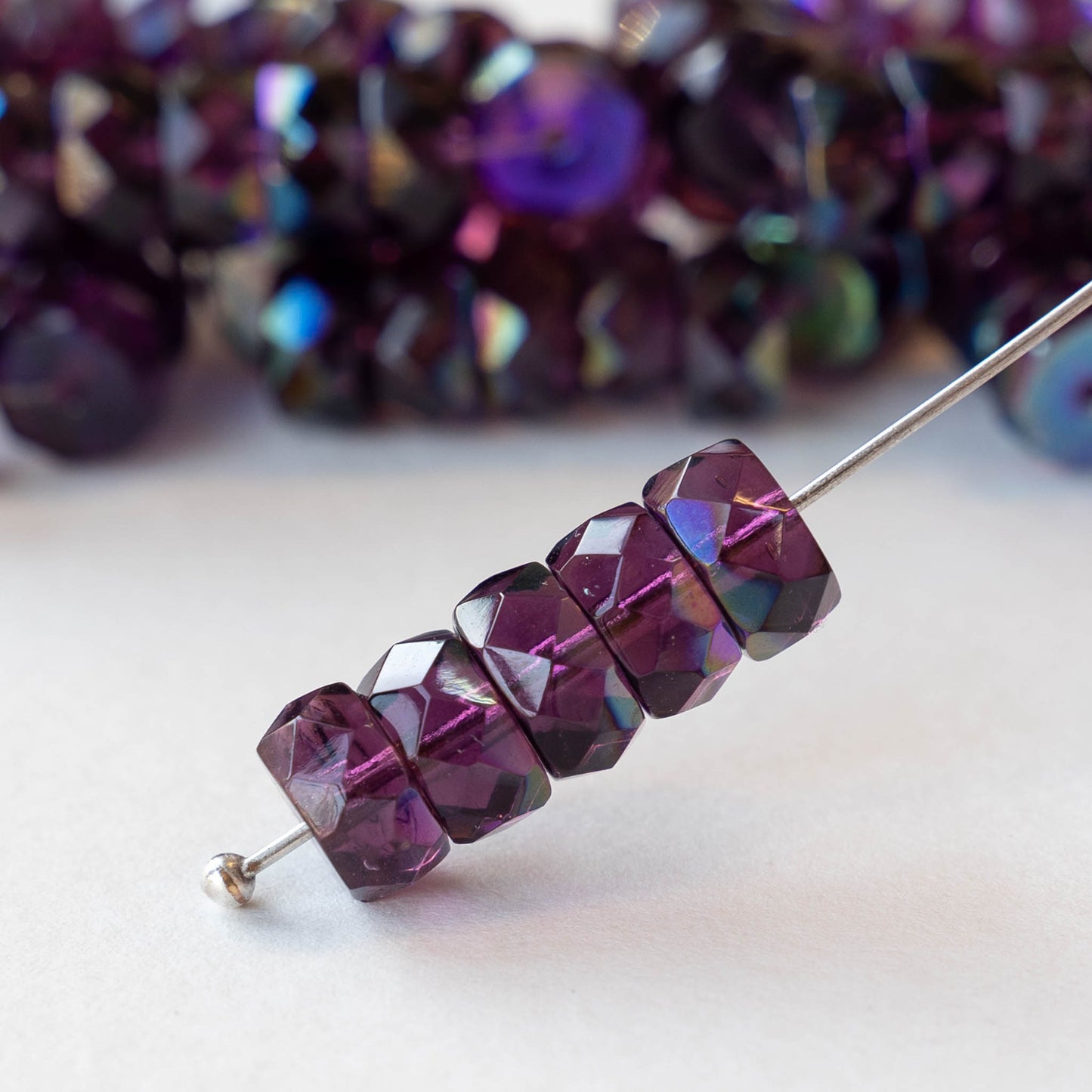 4x8mm Firepolished Glass Heishi Beads - Purple with an AB Finish - 10 Beads