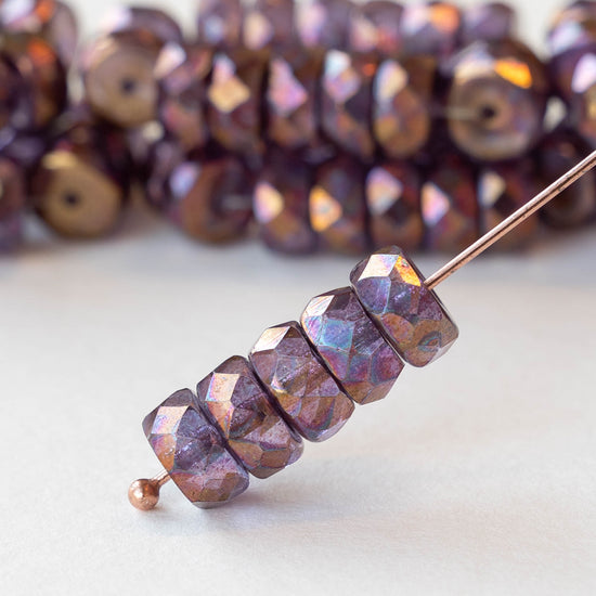 4x8mm Firepolished Glass Heishi Beads - Tanzanite with a Copper Finish - 10 Beads