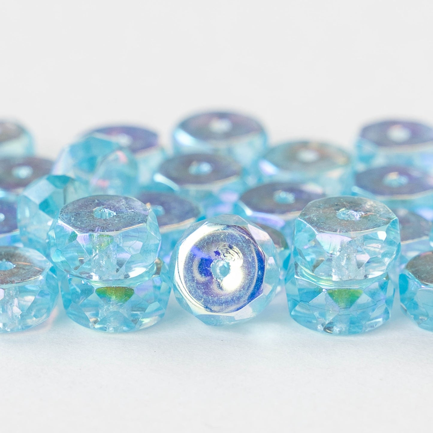 8mm Firepolished Glass Heishi Beads - Transparent Aqua AB- 15 Beads