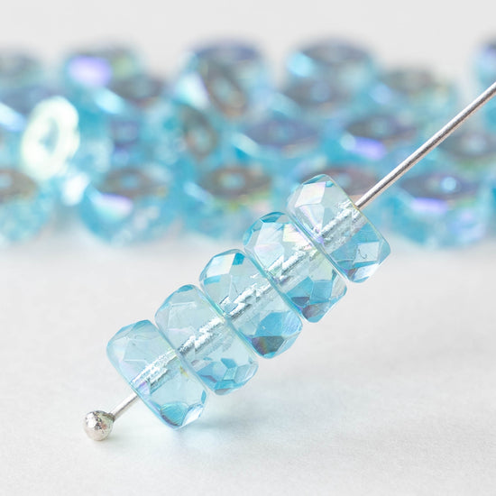 8mm Firepolished Glass Heishi Beads - Transparent Aqua AB- 15 Beads