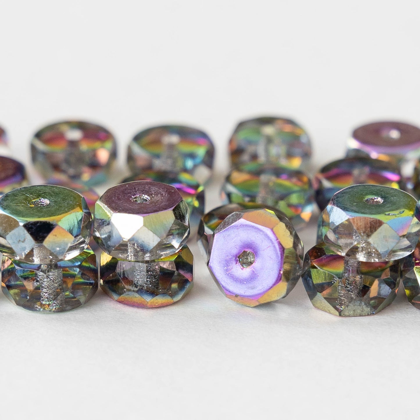 8mm Firepolished Glass Heishi Beads - Crystal Silver Iridescent- 15 Beads