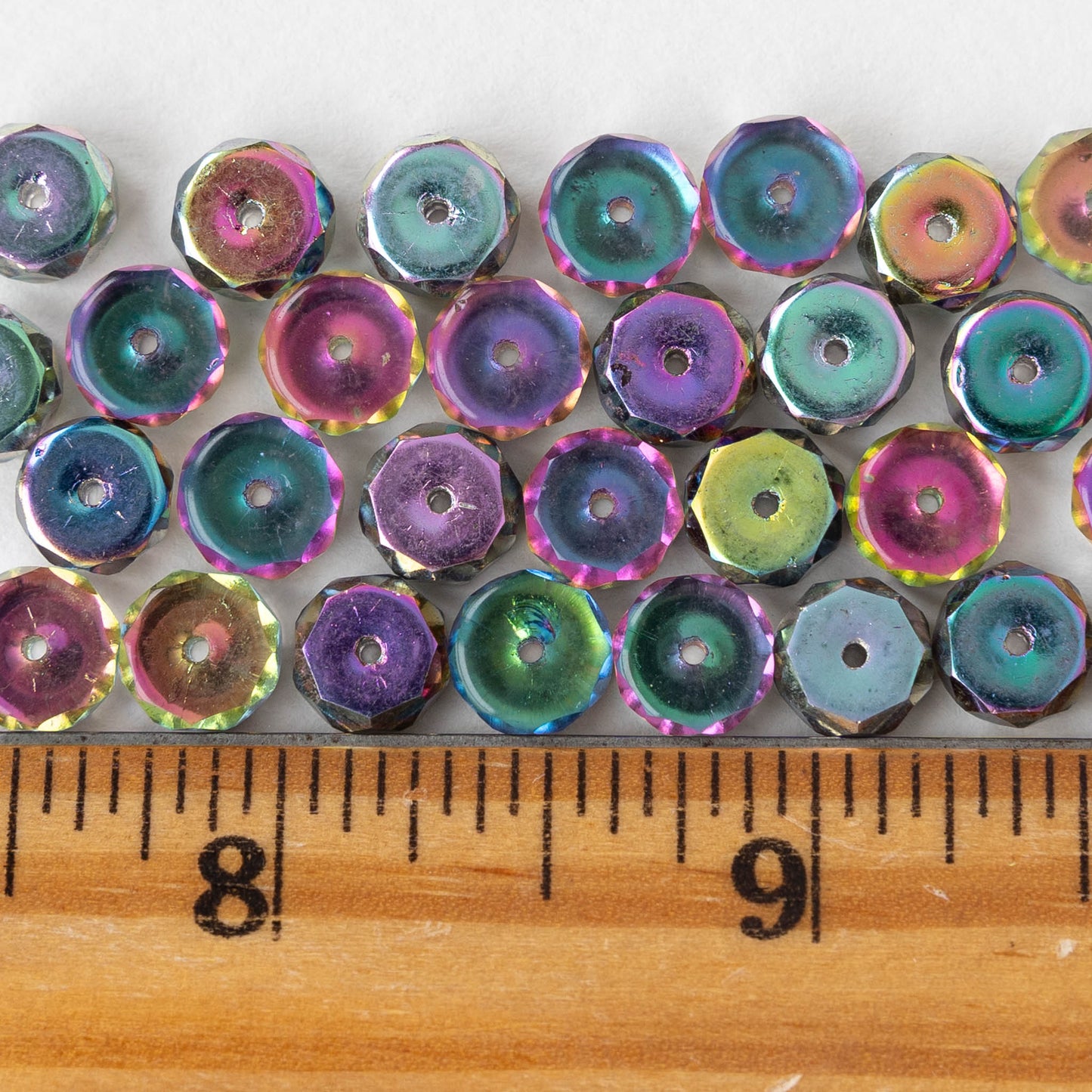 8mm Firepolished Glass Heishi Beads - Crystal Silver Iridescent- 15 Beads