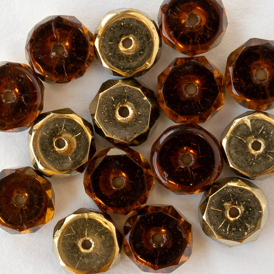 4x8mm Firepolished Glass Heishi Beads - Root Beer with Gold Finish - 10 Beads