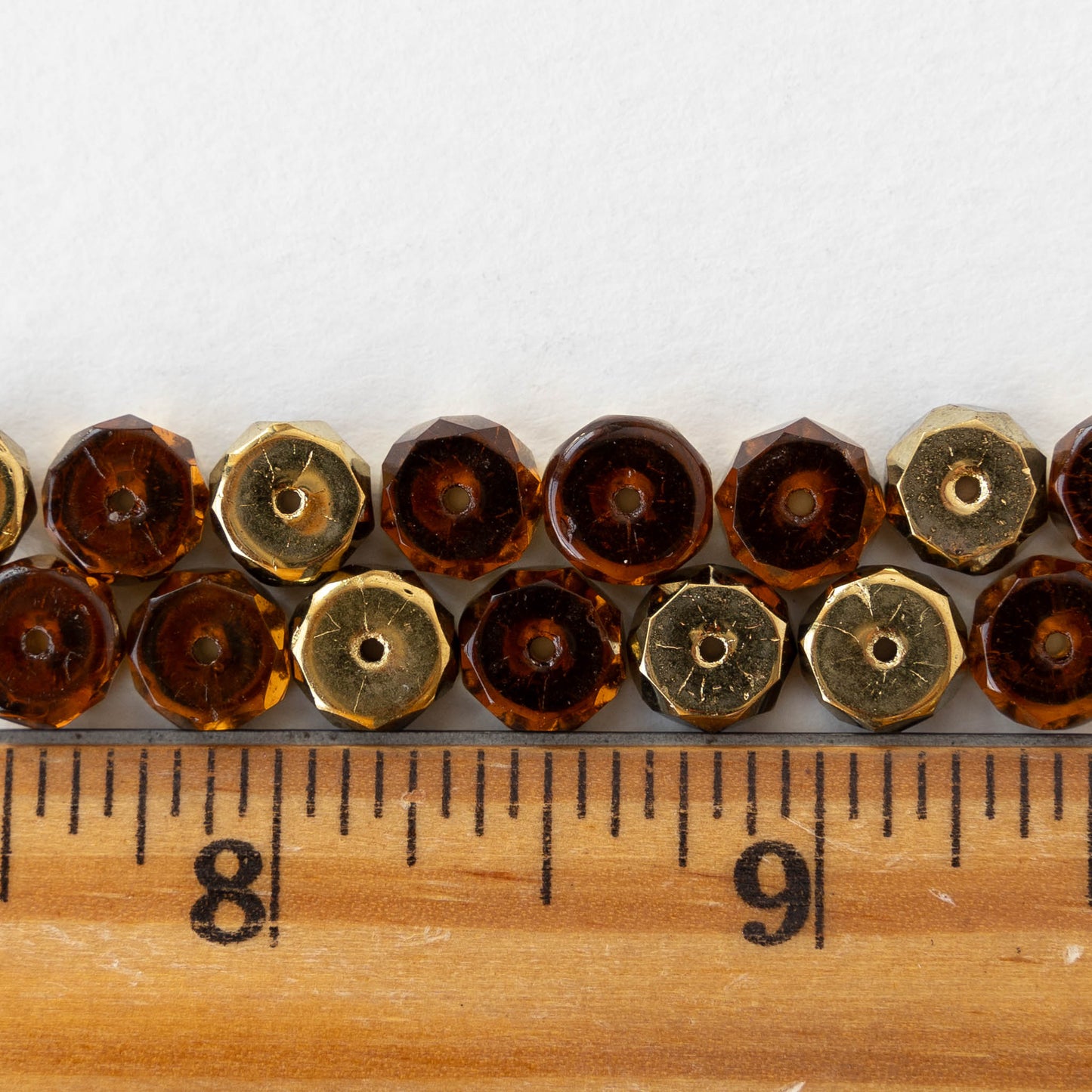 4x8mm Firepolished Glass Heishi Beads - Root Beer with Gold Finish - 10 Beads