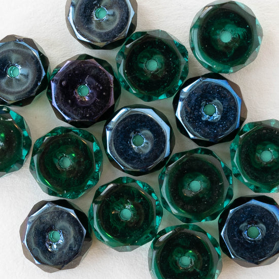 4x8mm Firepolished Glass Heishi Beads - Emerald with a Blue Metallic Finish - 10 Beads