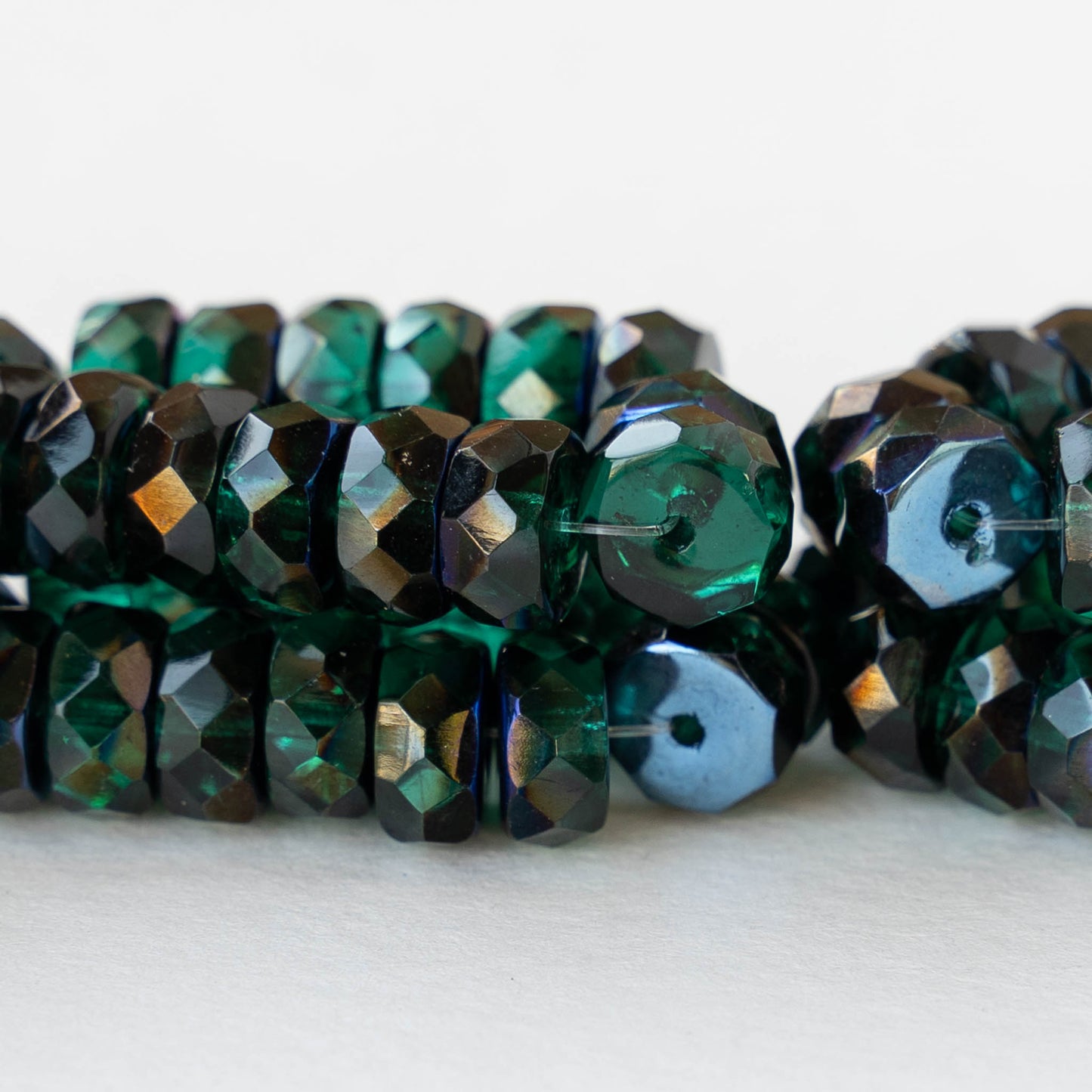 4x8mm Firepolished Glass Heishi Beads - Emerald with a Blue Metallic Finish - 10 Beads