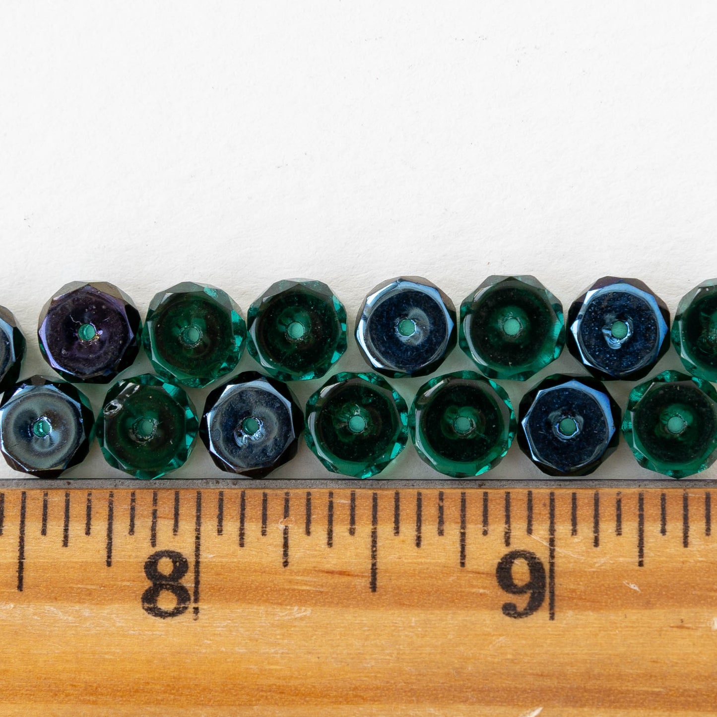 4x8mm Firepolished Glass Heishi Beads - Emerald with a Blue Metallic Finish - 10 Beads