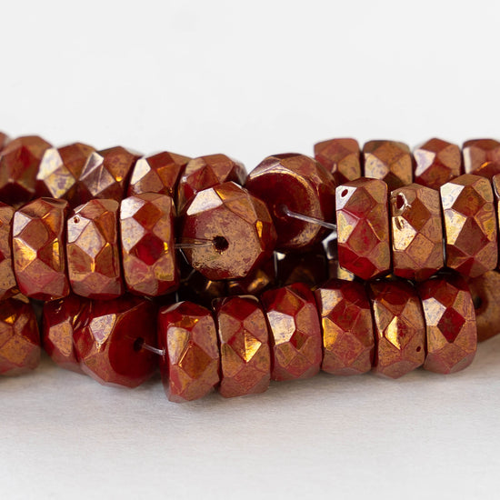 4x8mm Firepolished Glass Heishi Beads - Opaque Red with Gold Finish - 10 Beads