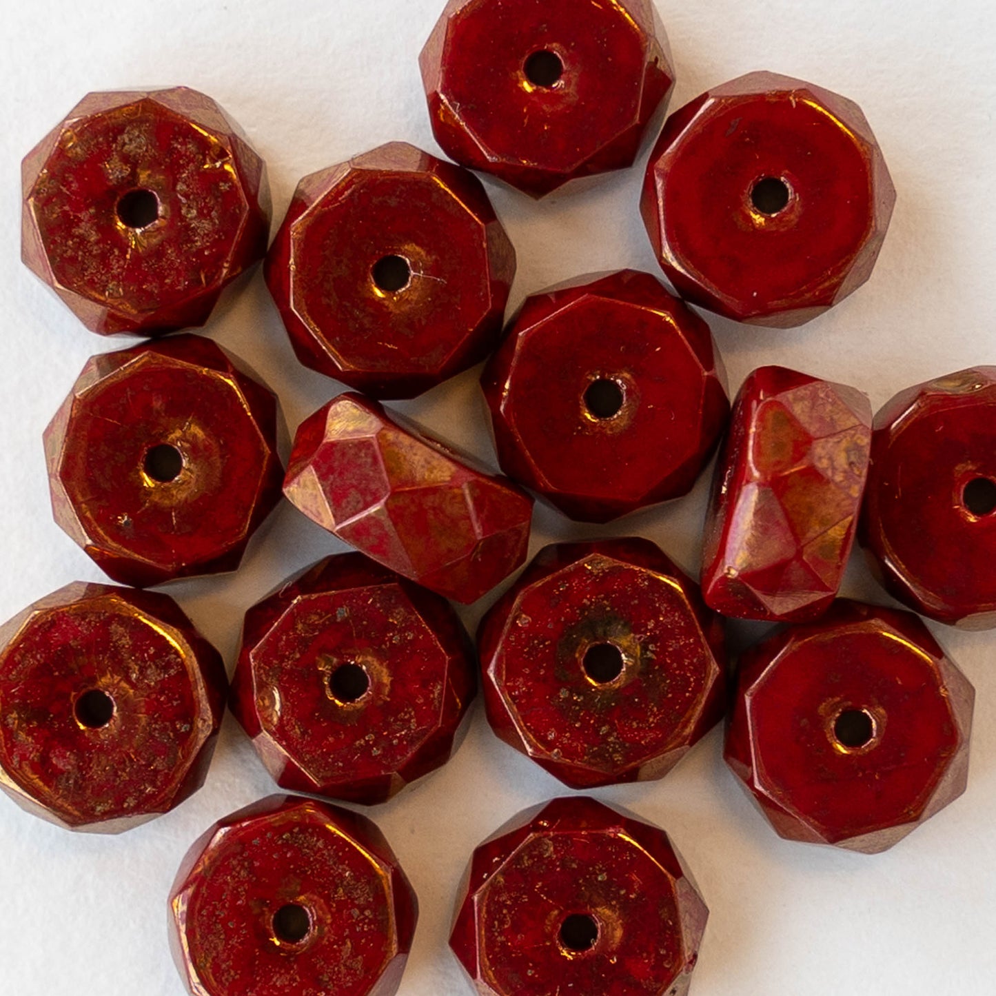 4x8mm Firepolished Glass Heishi Beads - Opaque Red with Gold Finish - 10 Beads