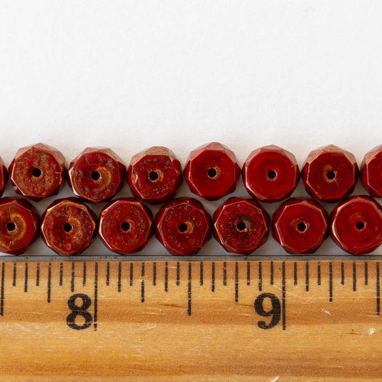 4x8mm Firepolished Glass Heishi Beads - Opaque Red with Gold Finish - 10 Beads