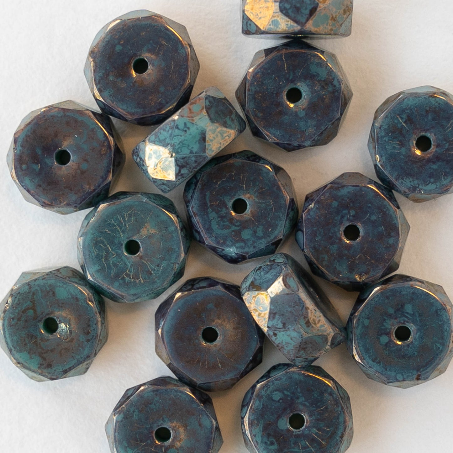 4x8mm Firepolished Glass Heishi Beads - Opaque Turquoise with Bronze Finish - 10 Beads