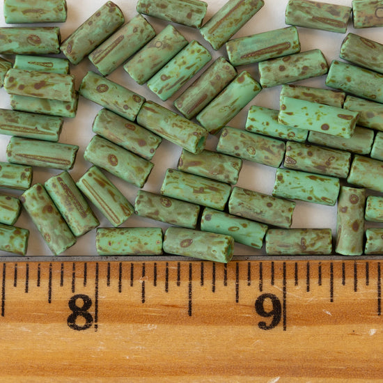 9x4mm Glass Tube Beads - Green Picasso Matte - 20 inches