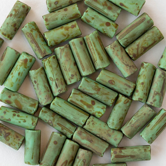 4x9mm Glass Bugle Beads - Matte Opaque Jade Picasso - 20 inch strand ~60 beads