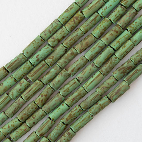 4x9mm Glass Bugle Beads - Matte Opaque Jade Picasso - 20 inch strand ~60 beads