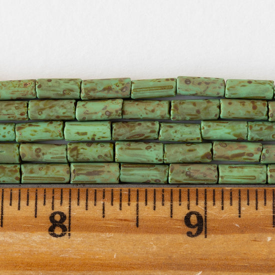 4x9mm Glass Bugle Beads - Matte Opaque Jade Picasso - 20 inch strand ~60 beads
