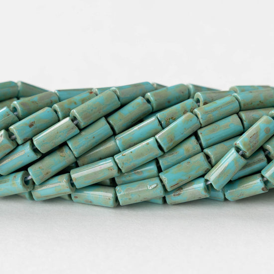 4x9mm Glass Bugle Beads - Turquoise Picasso - 20 inch strand