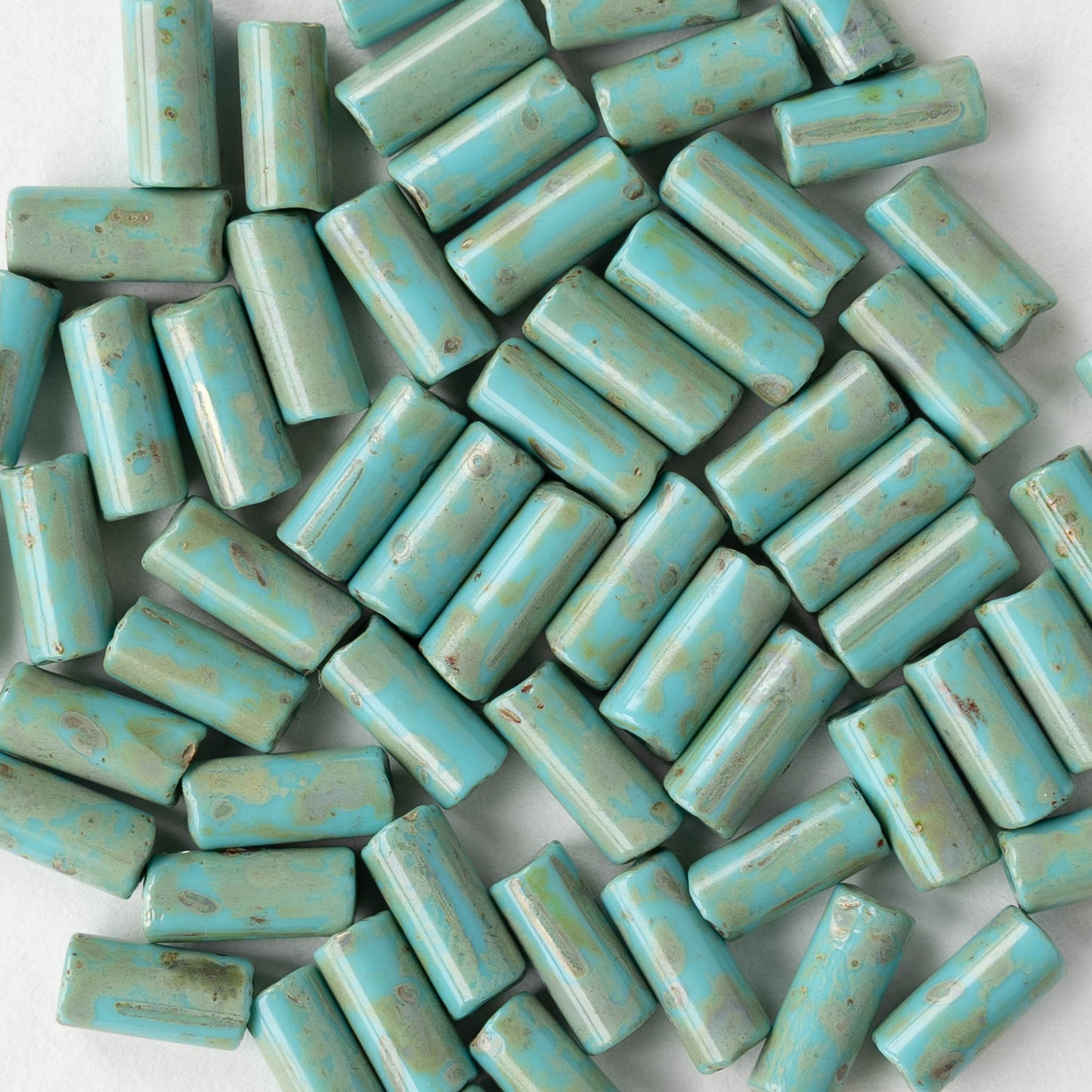 4x9mm Glass Bugle Beads - Turquoise Picasso - 20 inch strand