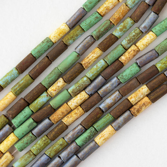 9x4mm Glass Tube Beads - Matte Earthy Picasso Mix - 10 or 20 inch strand