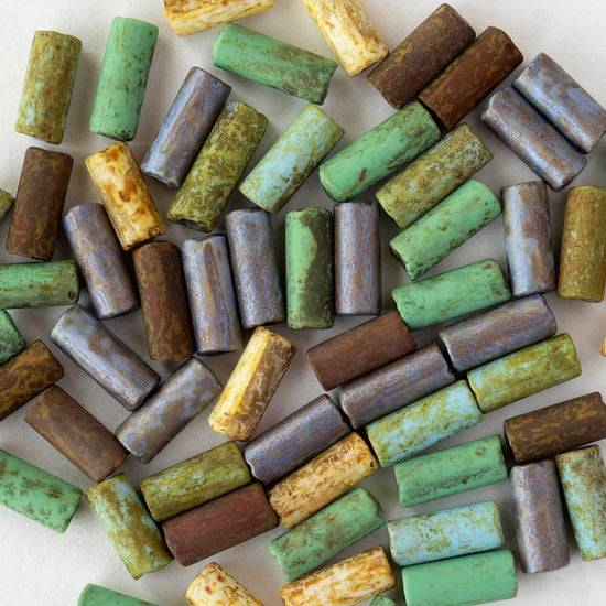9x4mm Glass Tube Beads - Matte Earthy Picasso Mix - 10 or 20 inch strand