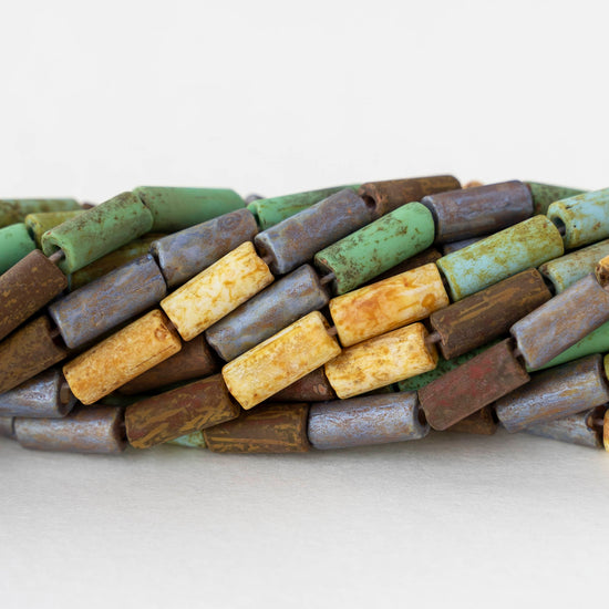 9x4mm Glass Tube Beads - Matte Earthy Picasso Mix - 10 or 20 inch strand