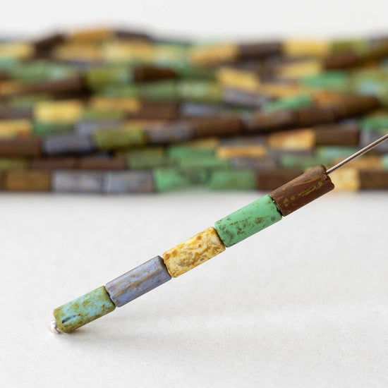 9x4mm Glass Tube Beads - Matte Earthy Picasso Mix - 10 or 20 inch strand