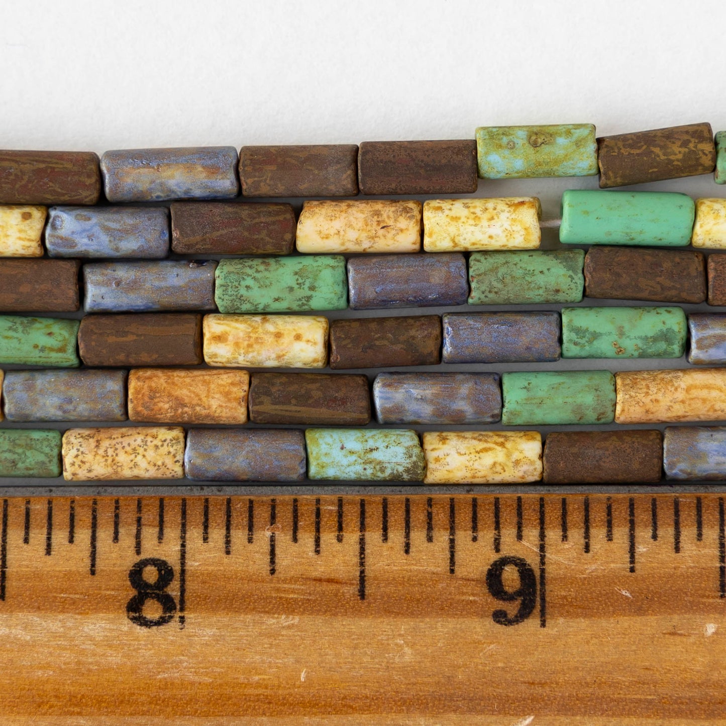 9x4mm Glass Tube Beads - Matte Earthy Picasso Mix - 10 or 20 inch strand