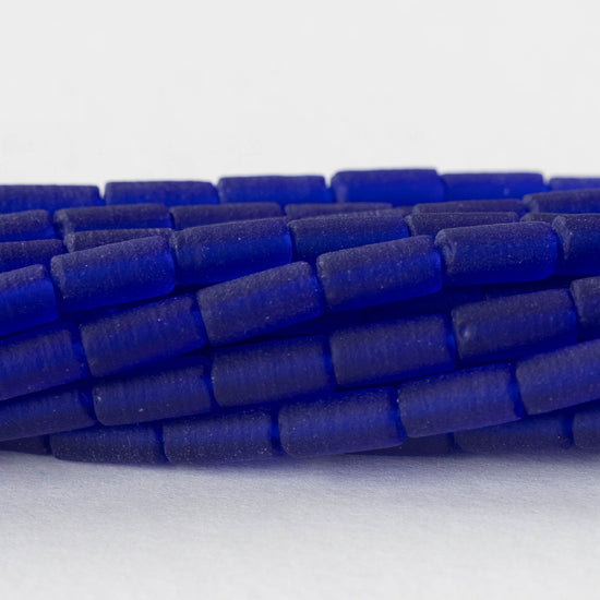 4x9mm Frosted Glass Tube Beads - Cobalt Blue - 48 Beads