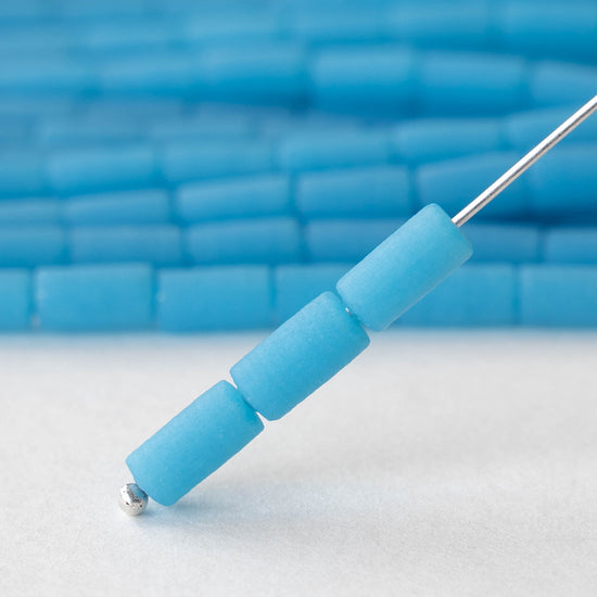 4x9mm Frosted Glass Tube Beads - Opaque Blue - 48 tubes