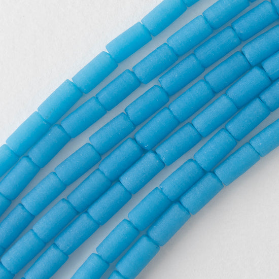 4x9mm Frosted Glass Tube Beads - Opaque Blue - 48 tubes