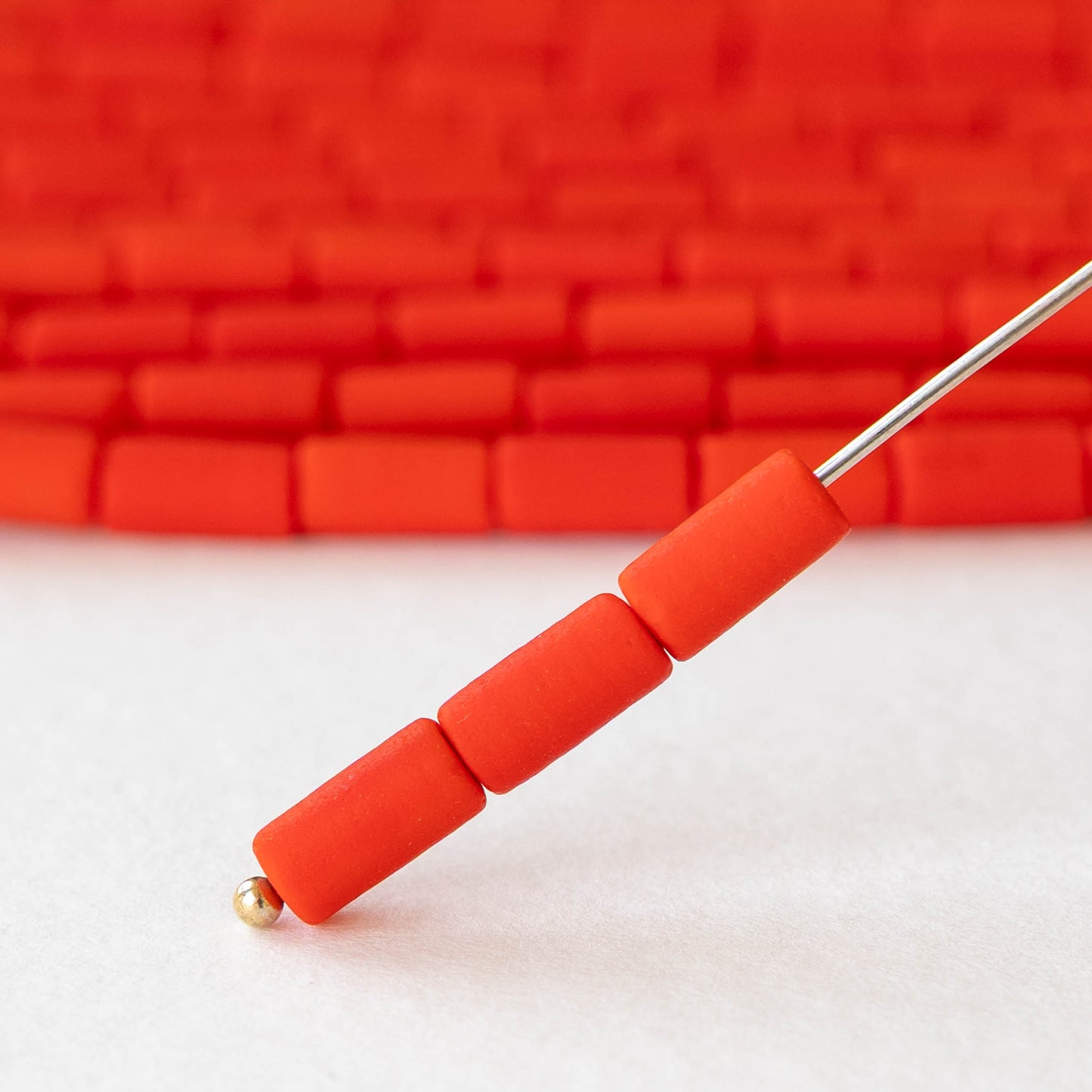 4x9mm Frosted Glass Tube Beads - Opaque Dark Orange - 48 Beads