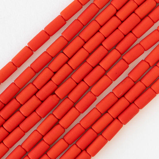 4x9mm Frosted Glass Tube Beads - Opaque Dark Orange - 48 Beads