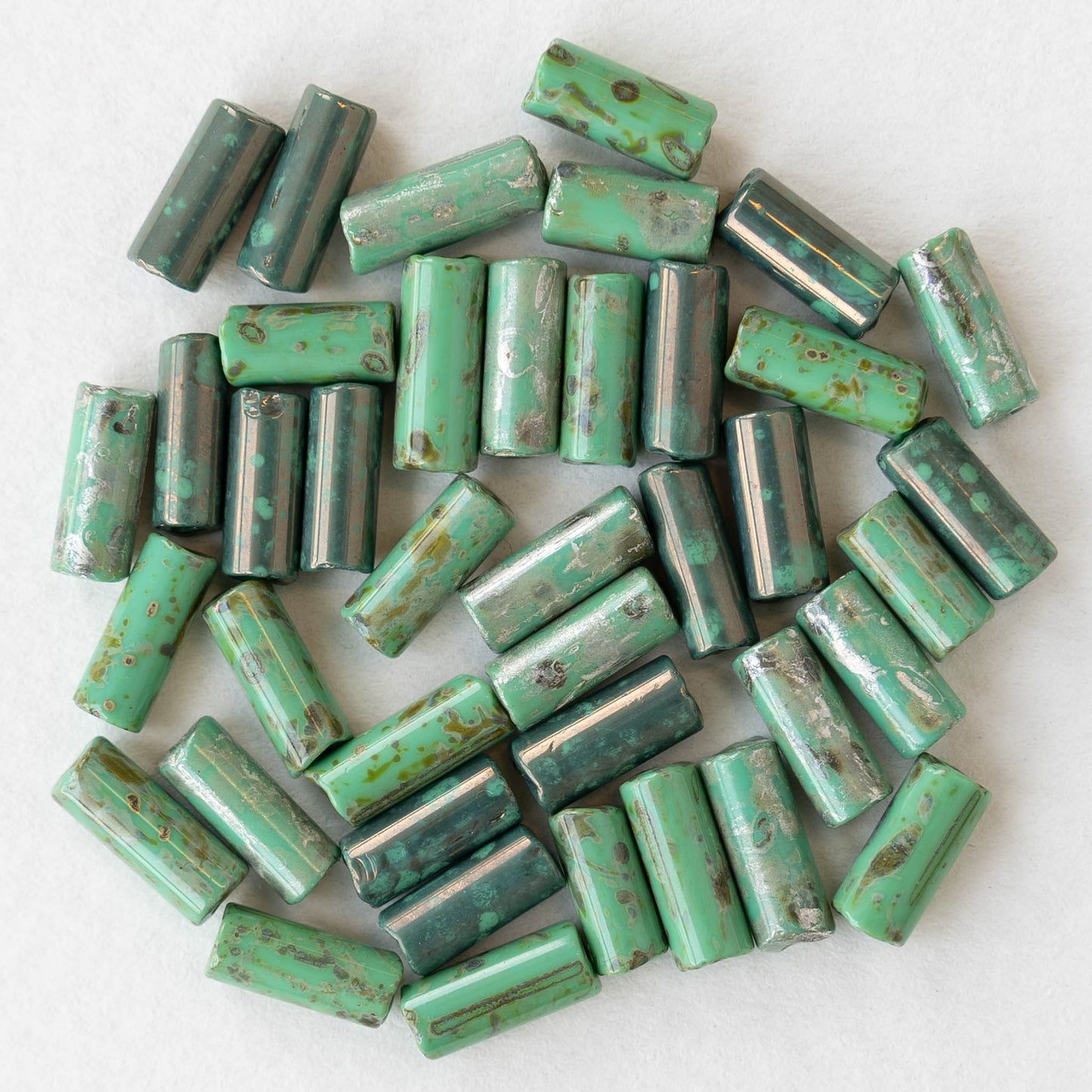 9x4mm Glass Tube Beads -   Opaque Jade Picasso Mix - 10 inches