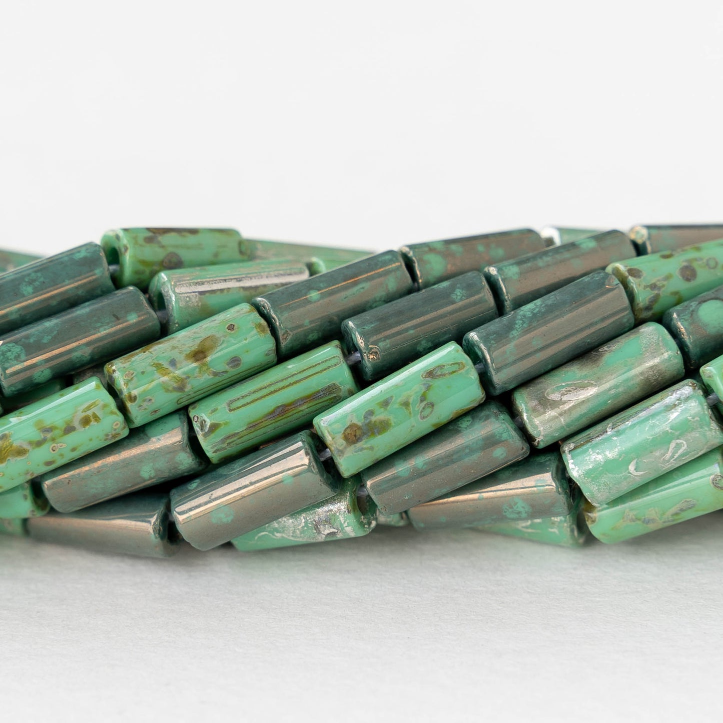 9x4mm Glass Tube Beads -   Opaque Jade Picasso Mix - 10 inches