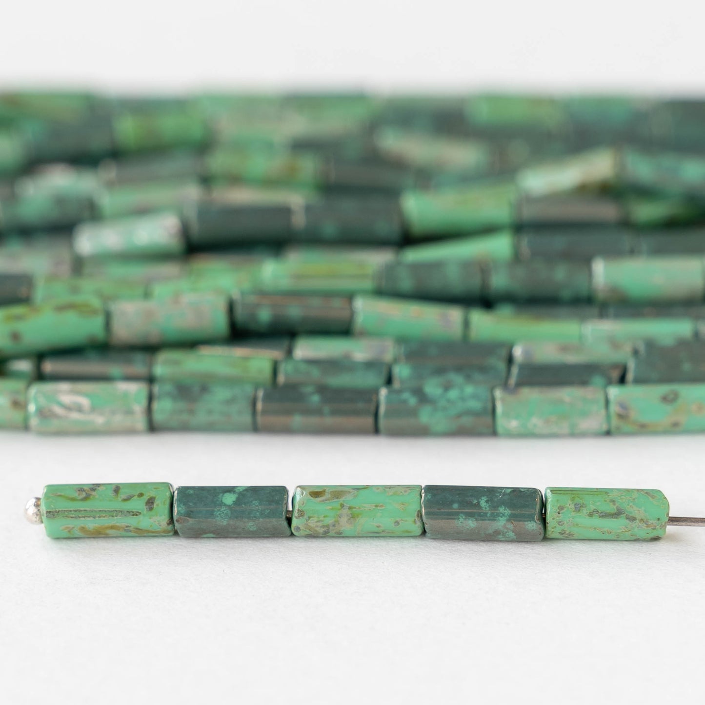 9x4mm Glass Tube Beads -   Opaque Jade Picasso Mix - 10 inches