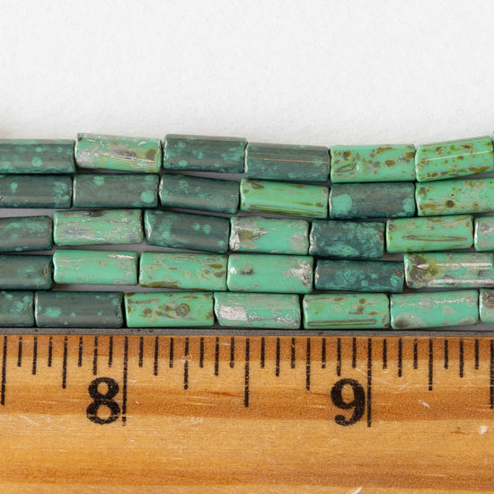 9x4mm Glass Tube Beads -   Opaque Jade Picasso Mix - 10 inches