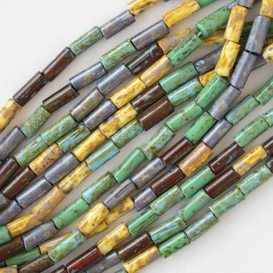 9x4mm Glass Tube Beads - Picasso Color Mix - 20 Inches