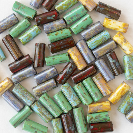 9x4mm Glass Tube Beads - Picasso Color Mix - 20 Inches